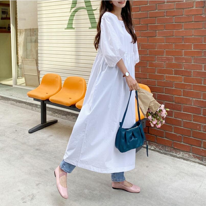 ワンピース ロング ロングワンピース 長袖 コットン ギャザー フレア オーバーサイズ ビックサイズ 体型カバー ラウンドネック リボン 春 夏 ロング丈 Dholic 通販 Paypayモール