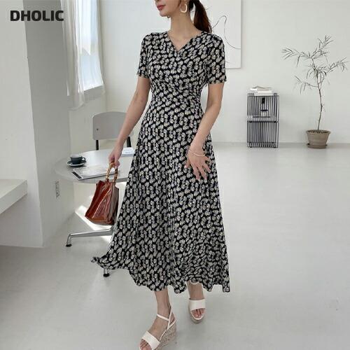 ワンピース ロング ロングワンピース 半袖 ラップデザイン 花柄 フラワー 可愛い かわいい Aライン フェミニン 春 夏 ロング丈 Dholic 通販 Paypayモール