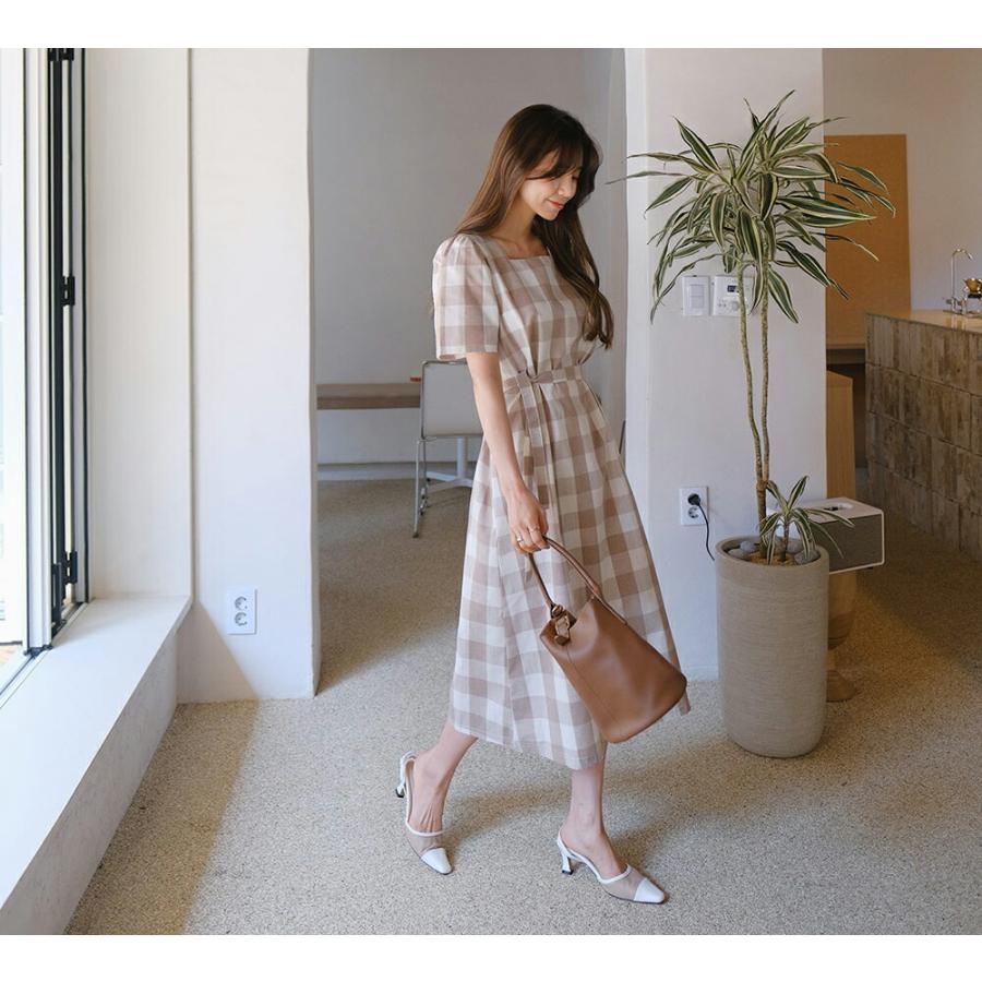 ワンピース ロング ロングワンピース 半袖 スクエアネック チェック柄 ガーリー Aライン 細身 体型カバー フェミニン 夏 春 ロング丈 Dholic 通販 Paypayモール