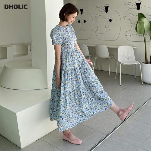 ワンピース ロング ロングワンピース 半袖 ラウンドネック ベルトセット 花柄 フラワー パターン 小花柄 フレア ゴム 夏 春 ロング丈 Dholic 通販 Paypayモール