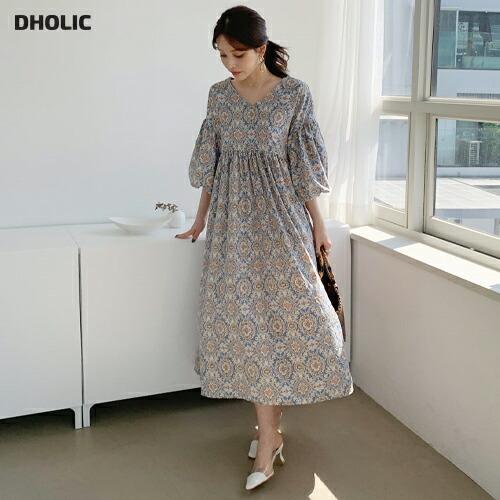 ワンピース ロング ロングワンピース 半袖 ハーフスリーブ 花柄 フラワー ボヘミアン 大人 春 夏 韓国 ファッション Dholic 通販 Paypayモール