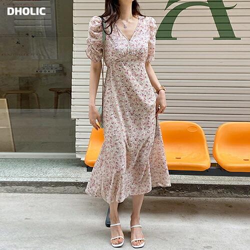 ワンピース ロング ロングワンピース 半袖 フェミニン 花柄 フラワー パターン ギャザー ボリューム Vネック ハーフスリーブ シフォン 体型カバー 細身 夏 春 Dholic 通販 Paypayモール