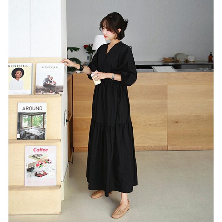韓国ファッション ワンピース ロングワンピース ロング丈 Vネック 半袖 ラップ ウエストストラップ ボリューム ティアード フレア 無地 シンプル 夏 春 Dholic 通販 Paypayモール