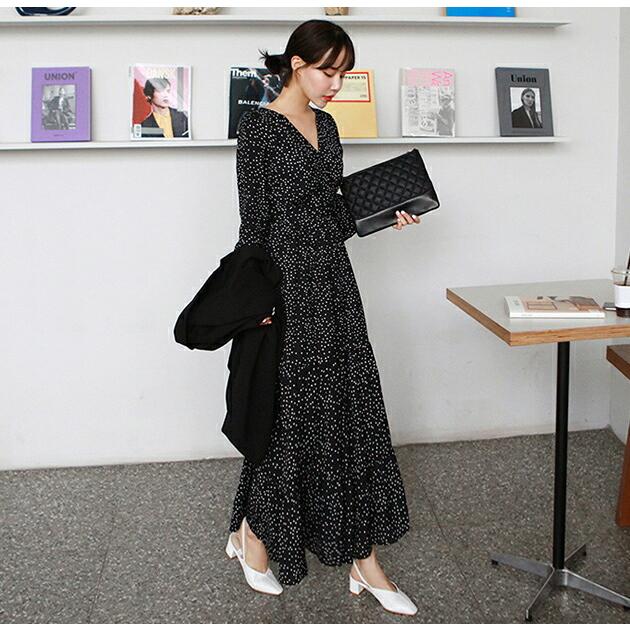 韓国 ワンピース ロングワンピース ロング丈 マキシワンピース マキシ丈 長袖 Vネック ティアード フレア Aライン ドット パターン 柄 シフォン 秋 冬 Dholic 通販 Paypayモール