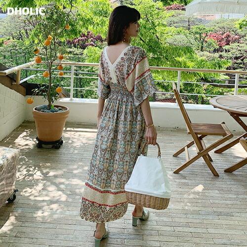 ワンピース ロング ロングワンピース 半袖 エスニック パターン シャーリング Aライン Vネック ビンテージ カジュアル 体型カバー ベーシック 夏 春 Dholic 通販 Paypayモール