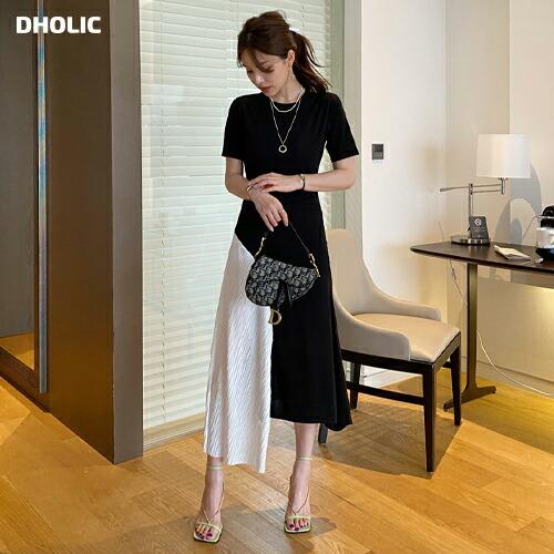 レディース ワンピース ロング ロングワンピース アンバランス プリーツ 半袖 大人 カジュアル ユニーク ショートスリーブ 春 夏 韓国 ファッション Dholic 通販 Paypayモール