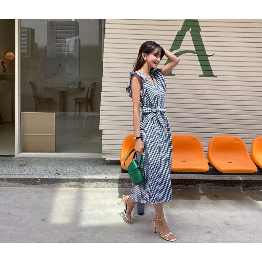 韓国 ワンピース ロング ロングワンピース ギンガム チェック パターン スリーブレス フリル ボリューム スリム フェミニン 細身 体型カバー Vネック 夏 春 Dholic 通販 Paypayモール