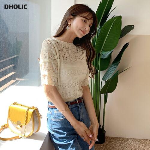韓国 ファッション トップス ニット 半袖 ルーズ レース 上品 パンチング ラウンドネック シンプル レイヤード 体型カバー 細身 スリム ゆったり 夏 春 Dholic 通販 Paypayモール