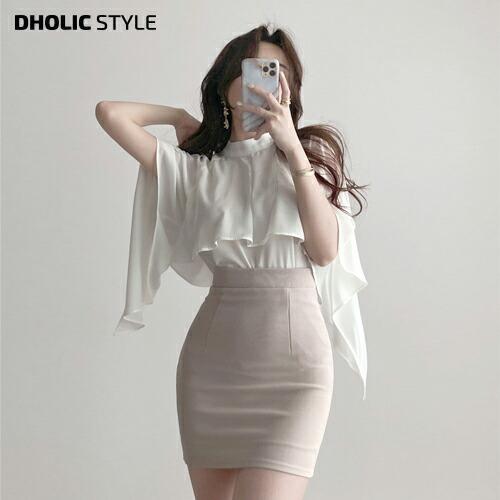 韓国ファッション トップス ブラウス ハーフネック ショートスリーブ ポンチョ フリル シアー 透け感 無地 大人 ラブリー モード オフィスカジュアル 夏 春 Dholic 通販 Paypayモール