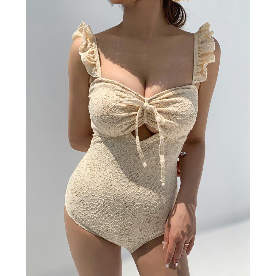 韓国 ファッション ビーチウェア 水着 ワンピース水着 モノキニ フリル 総レース オールレース リボン バンドゥ ビーチ 海 プール 無地 カジュアル 夏 Dholic 通販 Paypayモール