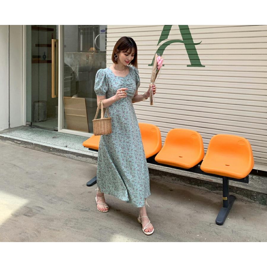 レディース ワンピース ロング ロングワンピース 半袖 花柄 フラワー パターン ハートネック リボン ギャザー パフスリーブ フレア フェミニン 体型カバー 夏 春 Dholic 通販 Paypayモール
