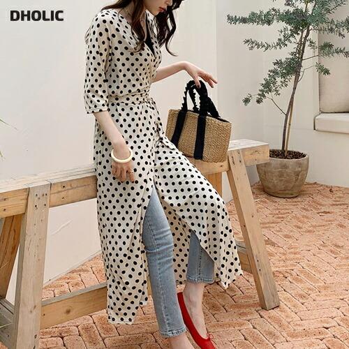 レディース 韓国 ファッション ワンピース ロング ロングワンピース 半袖 Vネック 大粒 ドット ラップ リボン 細身 体型カバー カジュアル 春 夏 Dholic 通販 Paypayモール