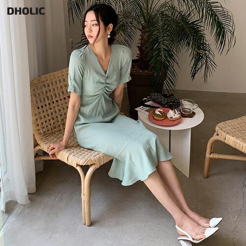 レディース ワンピース ミディ丈 ミディワンピース 半袖 ギャザー Vネック 単色 無地 シンプル パフ袖 パフスリーブ ラッフル 可愛い かわいい 春 夏 Dholic 通販 Paypayモール