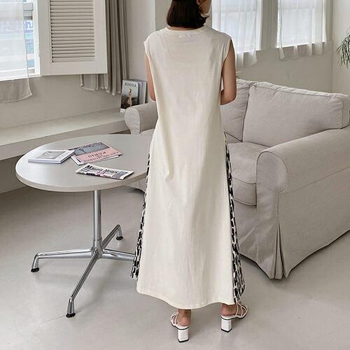 レディース ワンピース ロング フレンチスリーブ ショートスリーブ レオパード柄 ヒョウ柄 豹柄 アニマル柄 異素材 Aライン ルーズ 大人 春 夏 韓国 Dholic 通販 Paypayモール