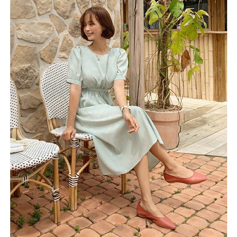 韓国 ファッション ワンピース ロングワンピース ラウンドネック 半袖 ハーフスリーブ パフスリーブ ボリューム袖 フレア Aライン 無地 きれいめ カジュアル 夏 Dholic 通販 Paypayモール