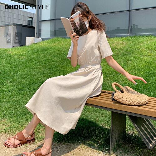 韓国 ファッション ワンピース ロングワンピース 半袖 ハーフスリーブ 五分袖 5分袖 フレア Aライン バックコンシャス バックシャン 肌見せ カジュアル 夏 Dholic 通販 Yahoo ショッピング