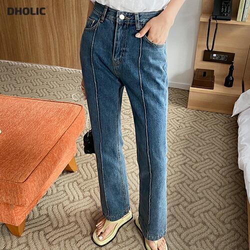 ボトムス パンツ ロング ロングパンツ セミフレア フレア デニムパンツ デニム センタープレス コットン スリム ストレート 美脚