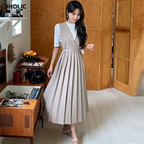 ワンピース ロング ロングワンピース ガーリー プリーツ スリーブレス Vネック カシュクール ストラップ フェミニン Aライン 体型カバー 夏 春 Dholic 通販 Paypayモール