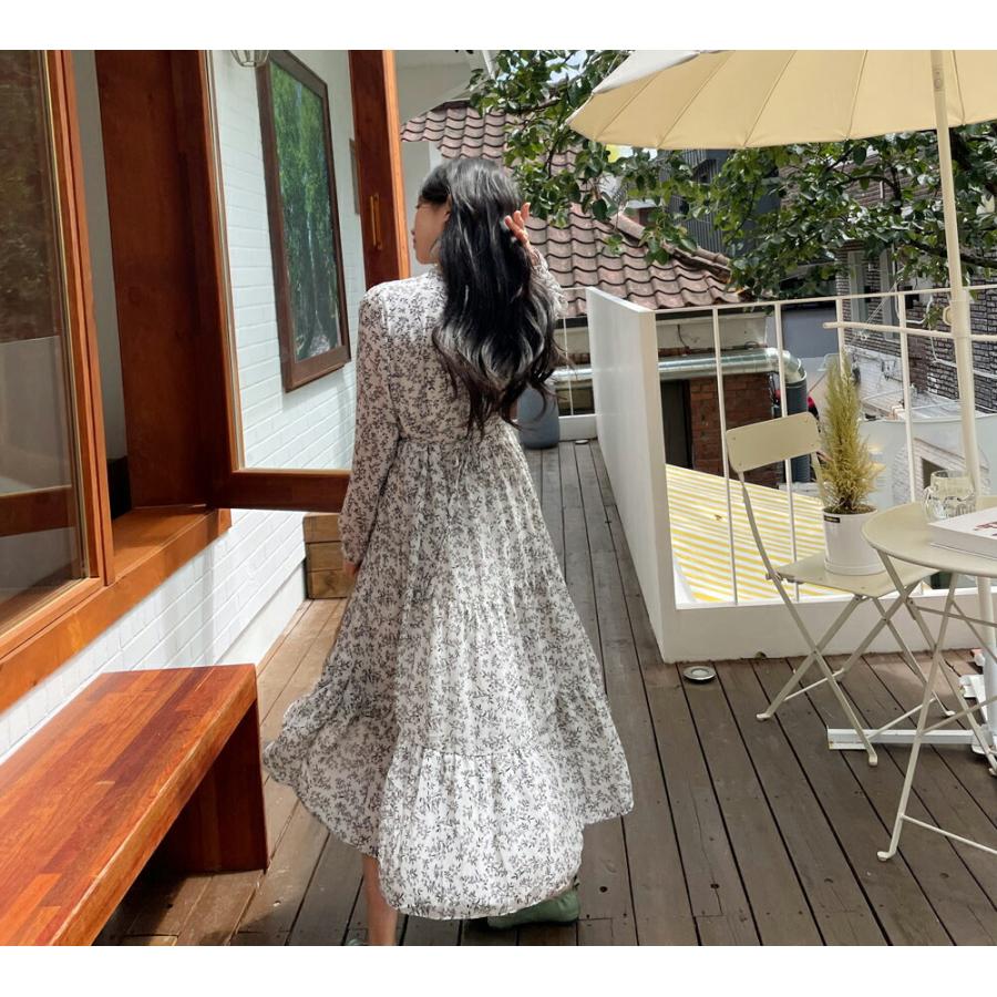 韓国 ワンピース ロング ロングワンピース 花柄 フローラルパター ロング丈 フレア ギャザー デイリー シンプル 長袖 ルーズ 楽ちん 体型カバー 春 秋 Dholic 通販 Yahoo ショッピング