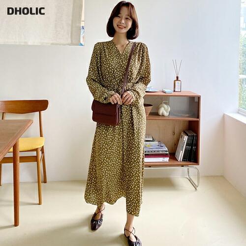 韓国 ワンピース ロング ロングワンピース 大人 Vネック 小花柄 花柄 フラワー フローラル ロング丈 長袖 リボン シンプル フェミニン 体型カバー 秋 春 Dholic 通販 Paypayモール