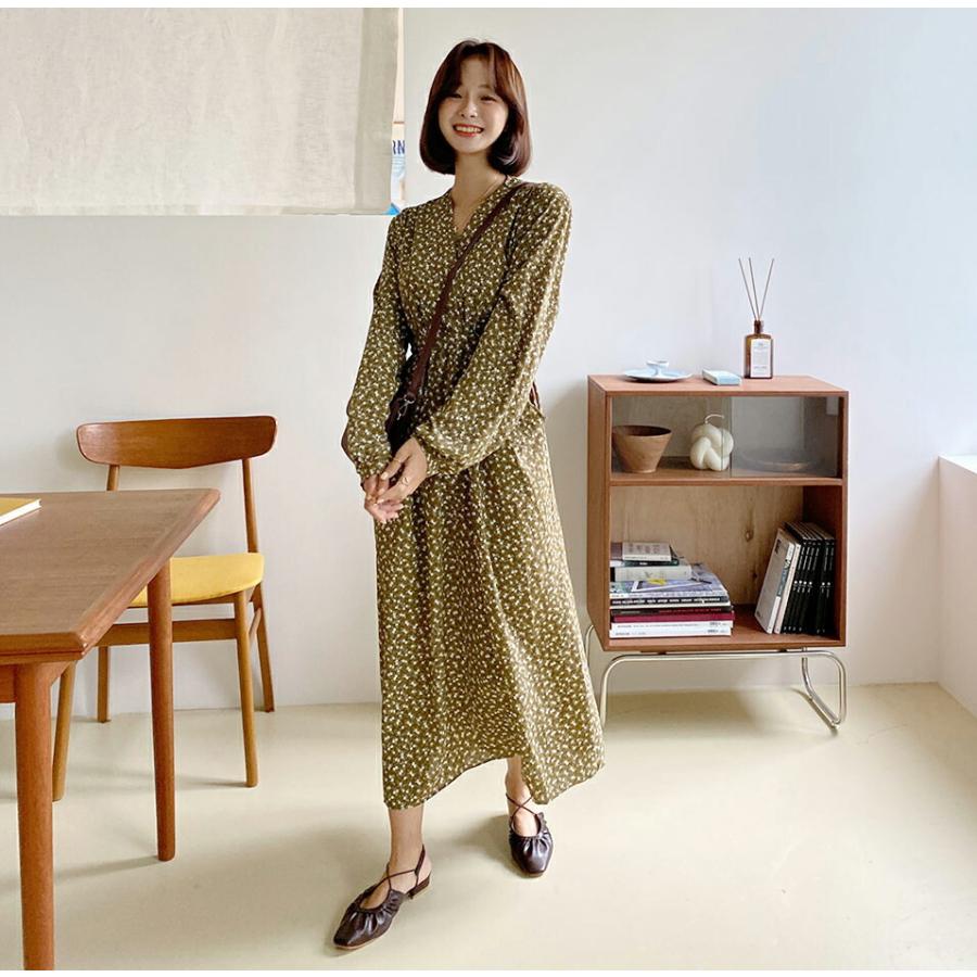 韓国 ワンピース ロング ロングワンピース 大人 Vネック 小花柄 花柄 フラワー フローラル ロング丈 長袖 リボン シンプル フェミニン 体型カバー 秋 春 Dholic 通販 Paypayモール