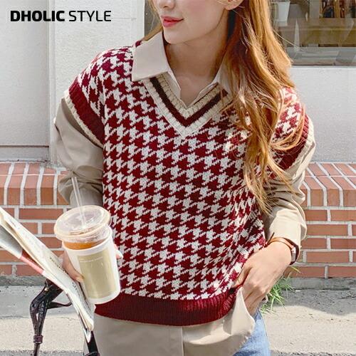 韓国 ファッション トップス ベスト ニット Vネック ルーズ スクールルック 千鳥柄 千鳥 ハウンドトーゥス カジュアル 春 秋 Dholic 通販 Paypayモール