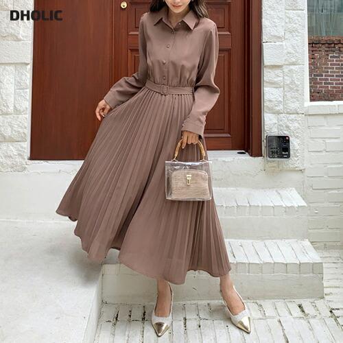 韓国 ファッション ワンピース ロング ロングワンピース 長袖 シャツ カラーネック ベルト プリーツ フレア Aライン 体型カバー 細身 秋 春 Dholic 通販 Paypayモール