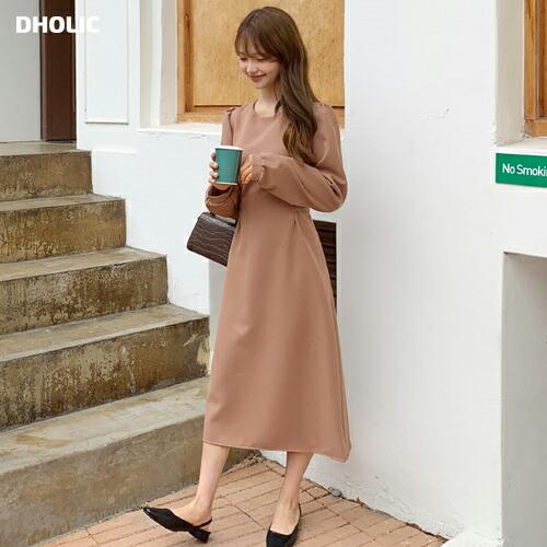 韓国 ファッション ワンピース ロング ロングワンピース 長袖 上品 フレア リボン ラウンドネック パフ フェミニン Aライン スリム 楽ちん 体型カバー 春 秋 Dholic 通販 Paypayモール
