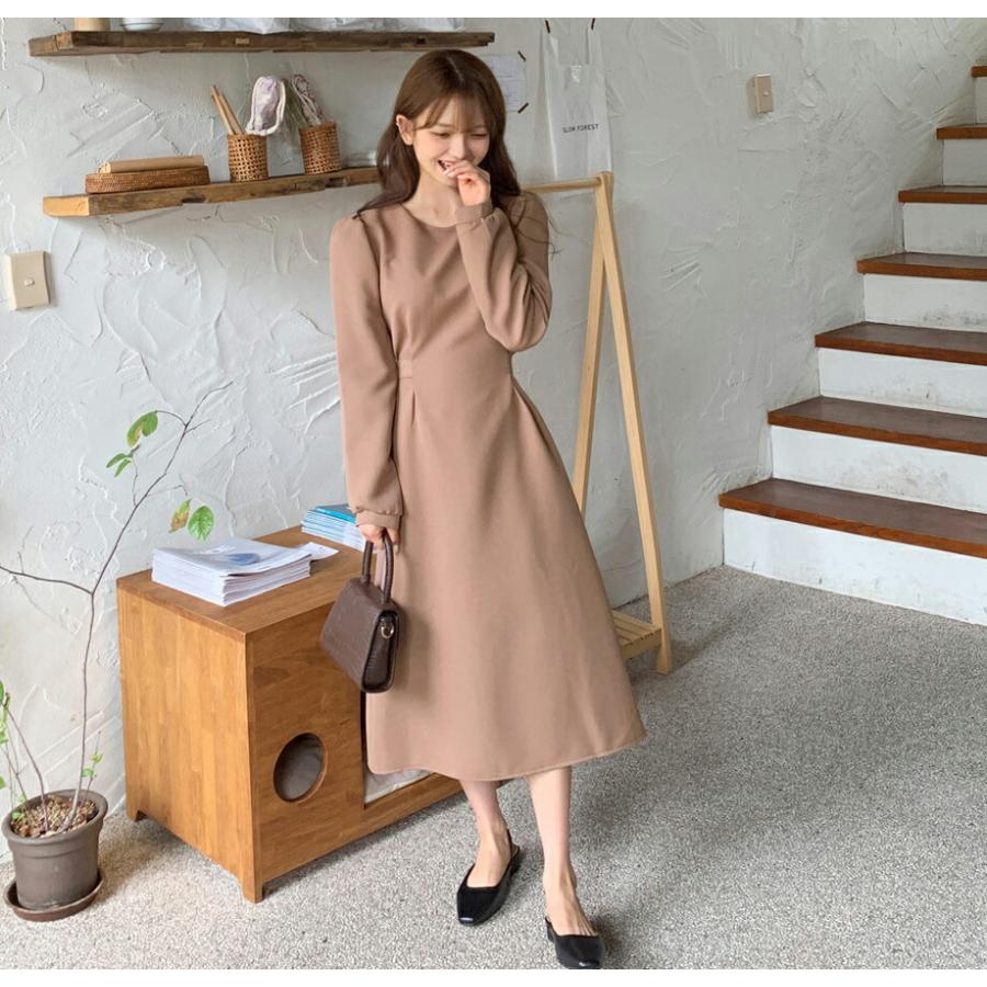 韓国 ファッション ワンピース ロング ロングワンピース 長袖 上品 フレア リボン ラウンドネック パフ フェミニン Aライン スリム 楽ちん 体型カバー 春 秋 Dholic 通販 Paypayモール