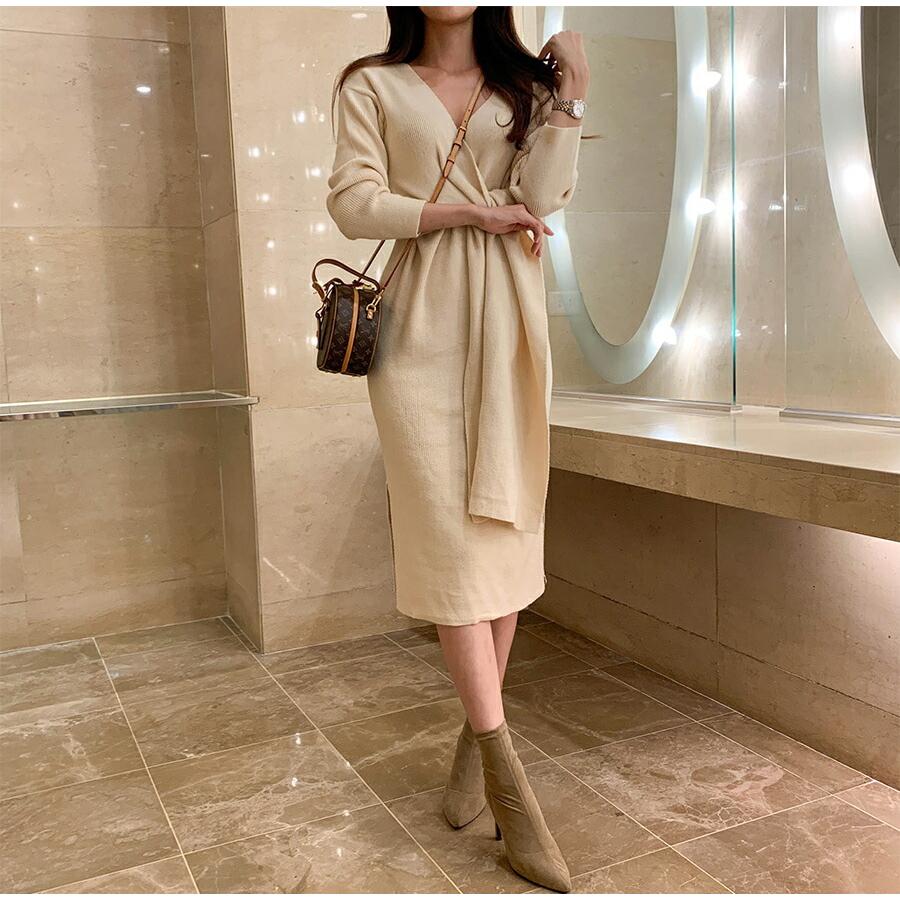 韓国 ワンピース ロングワンピース ロング丈 ミモレ丈 Hライン ニットワンピース Vネック カシュクール ラップ 長袖 無地 リブニット フロントタイ 前結び 秋 冬 Dholic 通販 Paypayモール