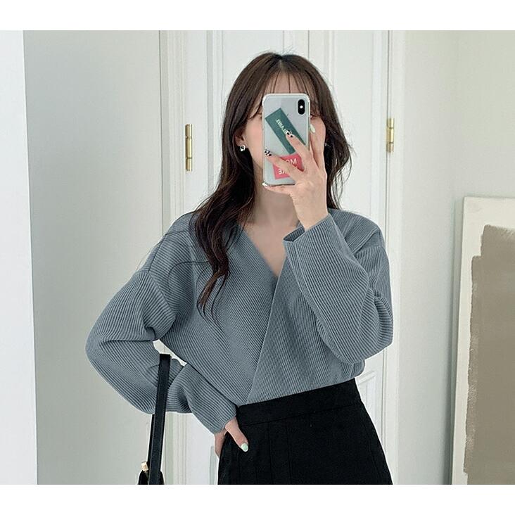 韓国 ファッション トップス ニット 大人 長袖 ｖネック カシュクール シンプル カジュアル ガーリー デイリー 体型カーバー 細身 フェミニン 上品 春 秋 Dholic 通販 Paypayモール