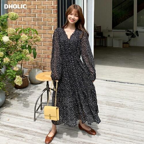 韓国 ファッション ワンピース ロング ロングワンピース Vネック フリル ゴム ティアード 長袖 スリム 体型カバー Aライン 春 秋 Niju Dholic 通販 Paypayモール