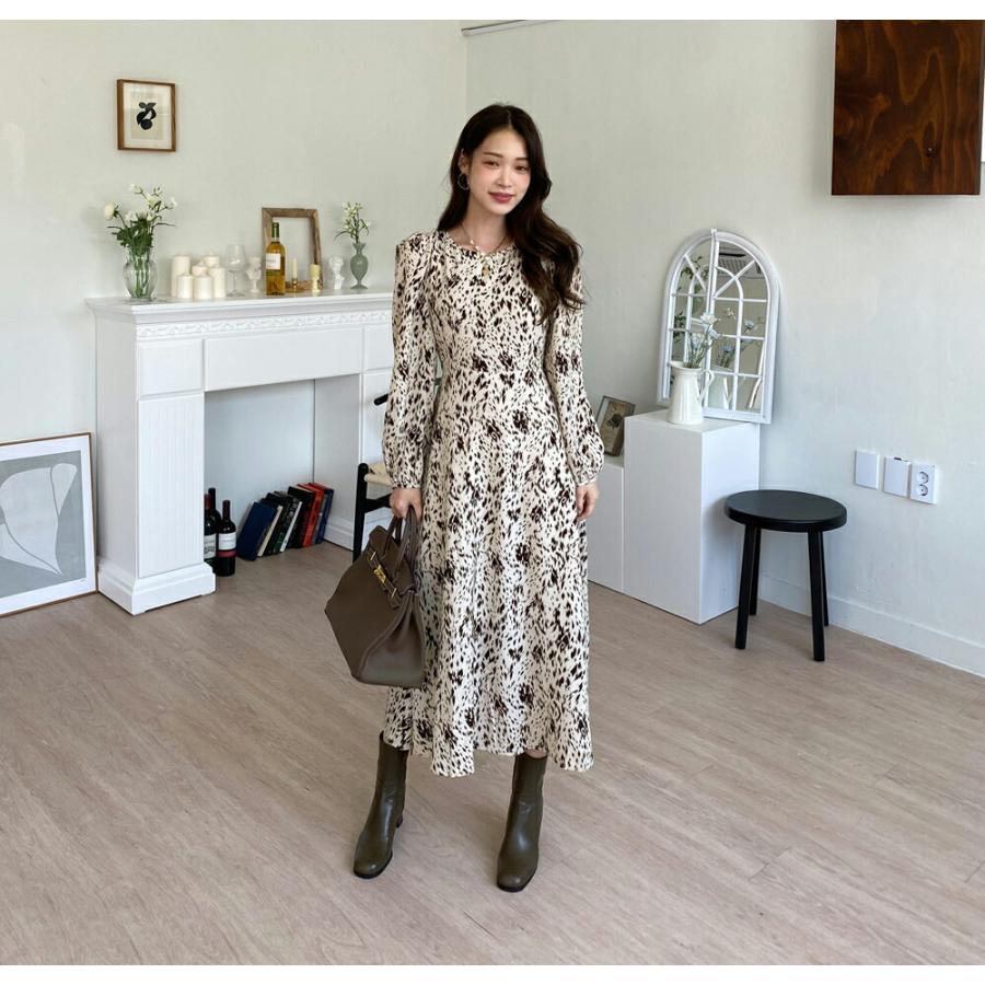 ワンピース ロング ロングワンピース 長袖 レオパード フレア ストラップ 体型カバー Aライン 春 秋 韓国 ファッション Dholic 通販 Paypayモール