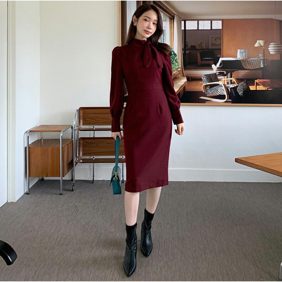 しています ワンピース ミディ ミディワンピース リボン 長袖 体型カバー ハイネック フェミニン スリム フィット 春