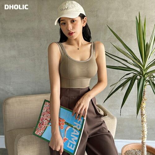 韓国 ファッション トップス スリーブレス ノースリーブ ブラトップ クロップド丈 パッド リブ スリム 着痩せ デイリー カジュアル 体型カーバー 無地 春 秋 Dholic 通販 Yahoo ショッピング