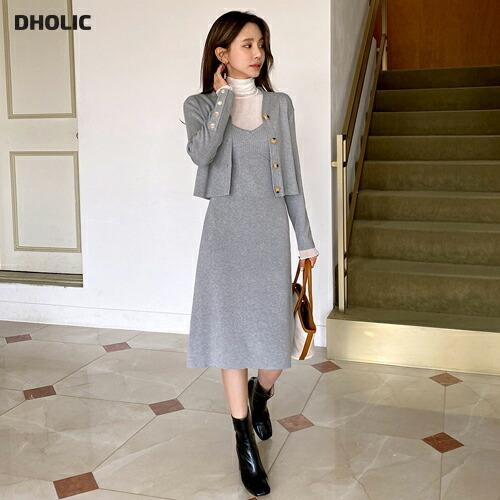 ワンピース ミディ ミディワンピース カーディガン ニットワンピース セット ミディ丈 長袖 着痩せ シンプル カジュアル 体型カバー フェミニン 秋 春 Dholic 通販 Paypayモール