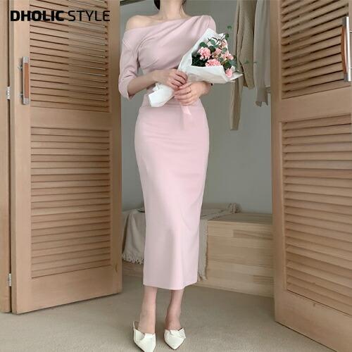 韓国 ワンピース ドレス ロングワンピース ロング丈 半袖 五分袖 ワンショルダー 肩出し Hライン タイト スリム パーティー 発表会 お呼ばれ 結婚式 無地 秋 冬 Dholic 通販 Paypayモール