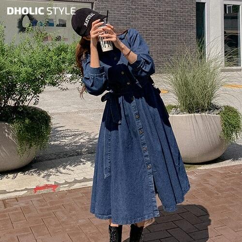 韓国 ワンピース ロングワンピース ロング丈 長袖 デニムワンピース シャツ スナップボタン 前開 フレア Aライン ルーズ ゆったり カジュアル 秋 冬 Dholic 通販 Paypayモール