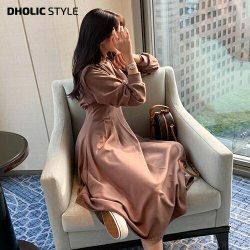 韓国 ワンピース ロングワンピース ロング丈 長袖 フレア Aライン ウエストタック Tシャツワンピース スウェットワンピース カットソー ワンマイルウェア 秋 冬 Dholic 通販 Paypayモール