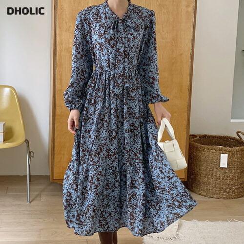 ワンピース ロング ロングワンピース リボン ストラップ フレア 花柄 フラワー リボンネック 長袖 ルーズ 体型カバー フェミニン 春 秋 韓国 ファッション Dholic 通販 Paypayモール