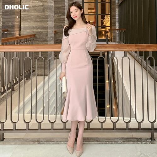 韓国 ワンピース ロングワンピース ロング丈 マーメイド 長袖 オフショルダー スリム タイト シアー シースルー ドレス パーティー 結婚式 お呼ばれ 冬 安全