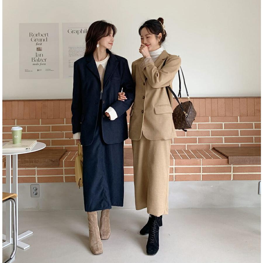 注目のブランド シンプル Hライン スエード調 カラーネック 長袖 セット スカート ジャケット アウター ファッション 韓国 上品 春 秋 デイリー オフィスカジュアル フェミニン その他コート アウター カラー ネイビー Reflect Com Pl