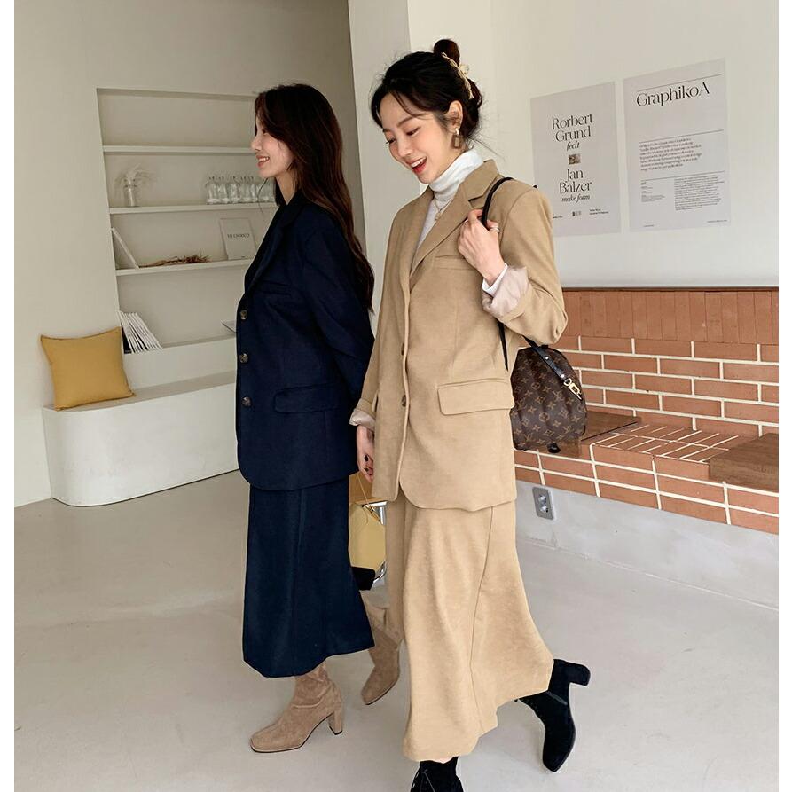 注目のブランド シンプル Hライン スエード調 カラーネック 長袖 セット スカート ジャケット アウター ファッション 韓国 上品 春 秋 デイリー オフィスカジュアル フェミニン その他コート アウター カラー ネイビー Reflect Com Pl