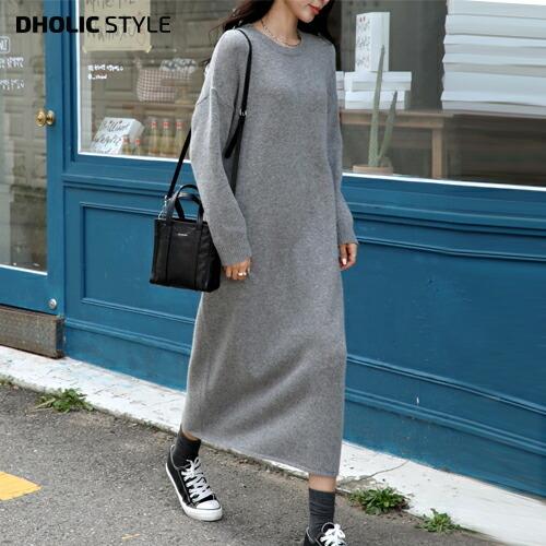 韓国 ワンピース ロングワンピース ロング丈 ニット ハイゲージ ラウンドネック クルーネック Hライン ルーズ ゆったり マタニティ 無地 長袖 サイドスリット 冬 Dholic 通販 Paypayモール