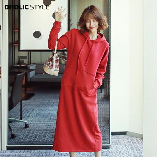 韓国 ファッション ワンピース ロングワンピース ロング丈 スウェットワンピース パーカーワンピース Tシャツワンピース 無地 長袖 Hライン カジュアル 秋 冬 Dholic 通販 Paypayモール