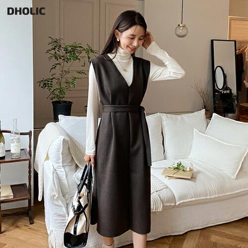 韓国 ファッション ワンピース ロング ロングワンピース 長袖 Vネック ストラップ付 ウール混 Iライン 大人 ロング丈 シンプル フェミニン 体型カバー 秋 冬 Dholic 通販 Paypayモール