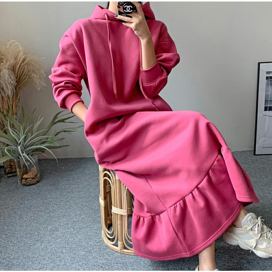 韓国 ワンピース ロングワンピース マキシワンピース ロング丈 マキシ丈 スウェット パーカー フード 長袖 ワンマイルウェア 無地 ルーズ マタニティ 冬 Dholic 通販 Paypayモール