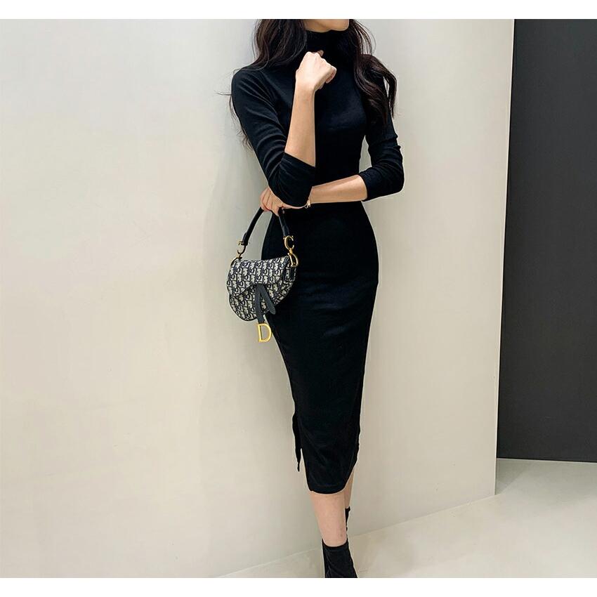 韓国 ワンピース ロングワンピース ロング丈 ミモレ丈 タートルネック ハイネック 長袖 タイト スリム 細身 無地 Hライン カットソー Tシャツ カジュアル 秋 冬 Dholic 通販 Paypayモール