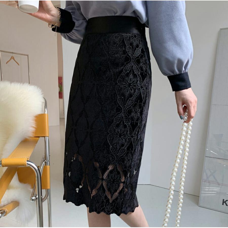 スリット ボトムス フィット 体型カバー 細身 秋 冬 韓国ファッション Dholic 通販 Paypayモール スカート ロング ロングスカート ベルベット 花柄 フラワー レース Hライン カジュアル スリム フィット