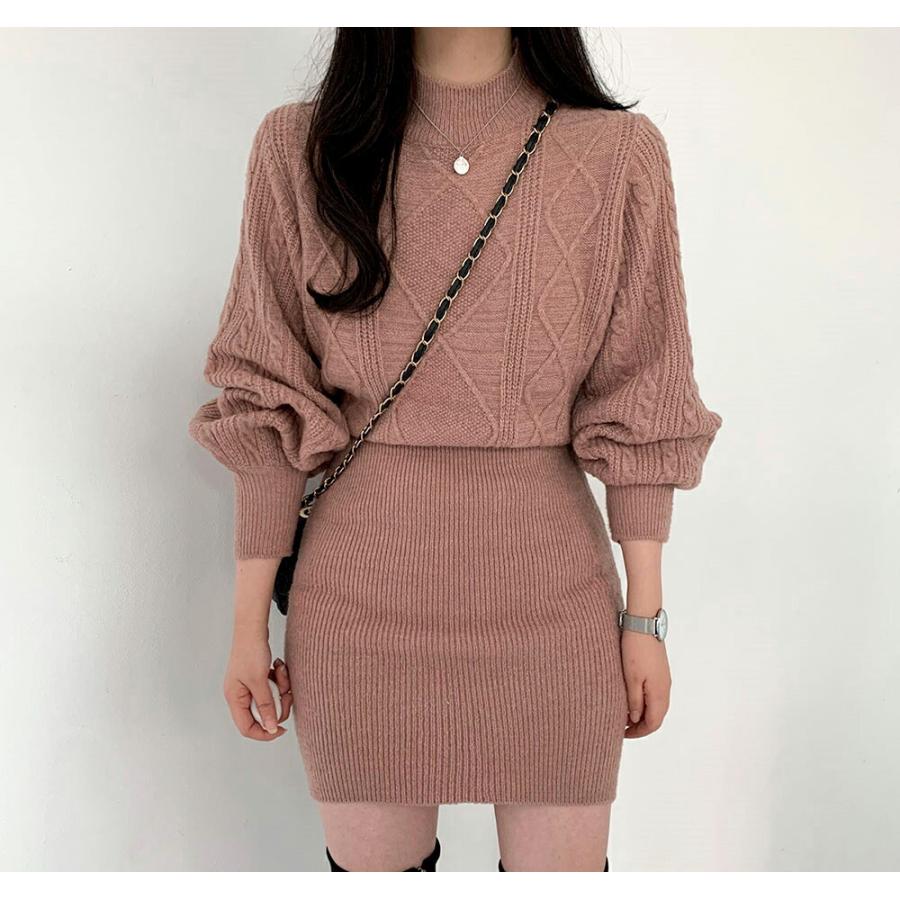 韓国 ワンピース ミニワンピース ミニ丈 ショート丈 ニットワンピース 長袖 パフスリーブ ケーブルニット スリム タイト 細身 無地 モックネック 秋 冬 Dholic 通販 Paypayモール